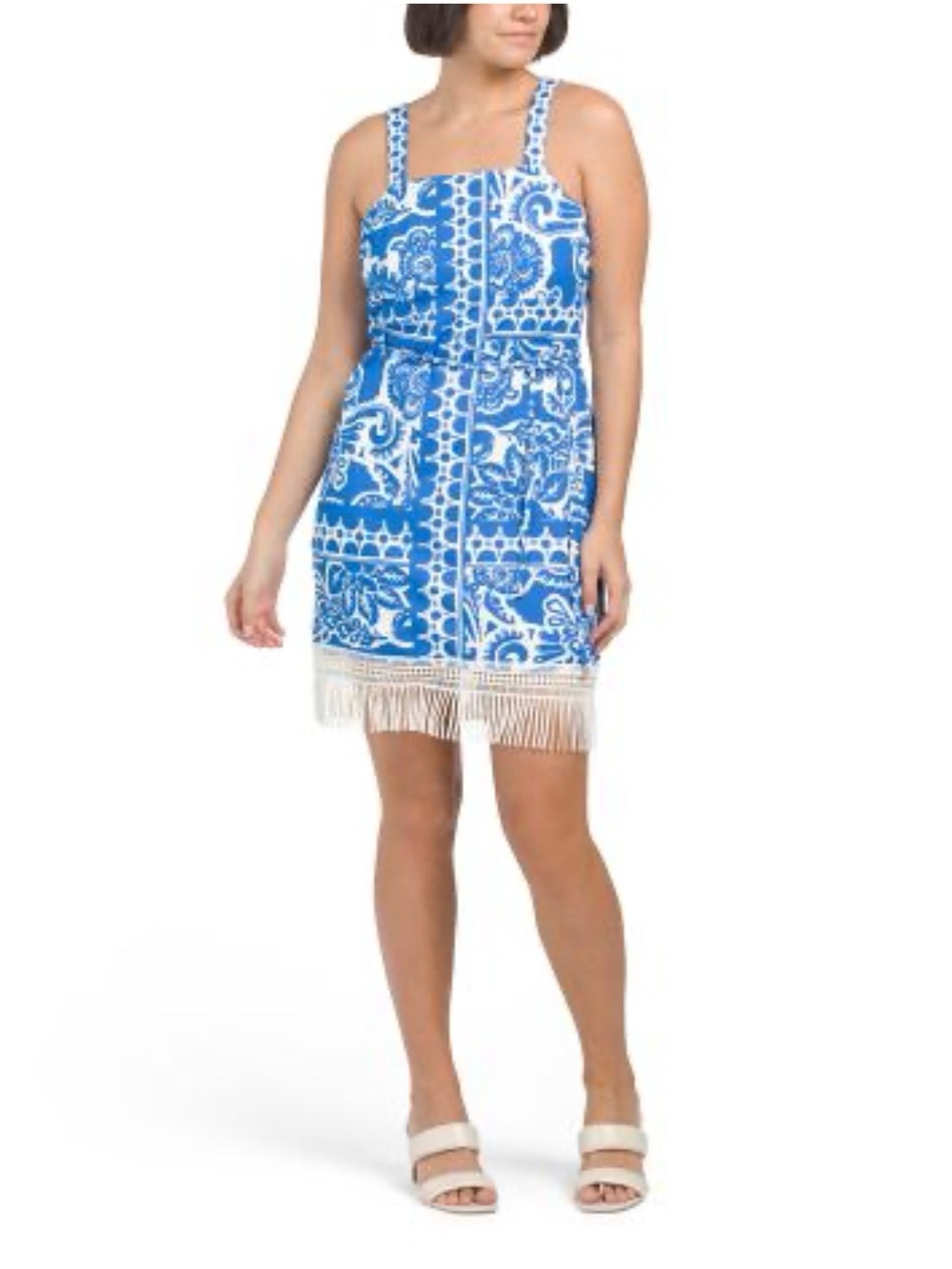Tahari ASL blue/white border print fringe trim sheath mini dress. Size L